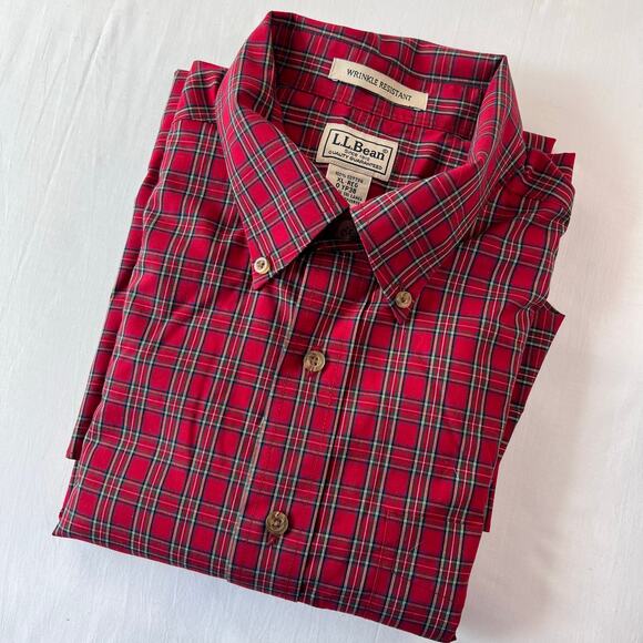 L.L. Bean Red Plaid Wrinkle Resistant Button Down Shirt Size XL - Picture 5 of 5